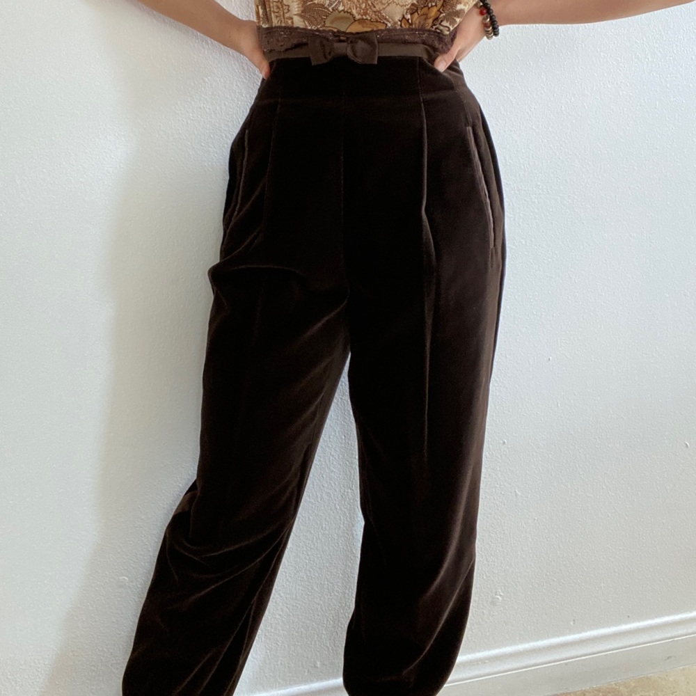Vtg 80s Escada Couture Brown Velvet Ultra High Rise Pants